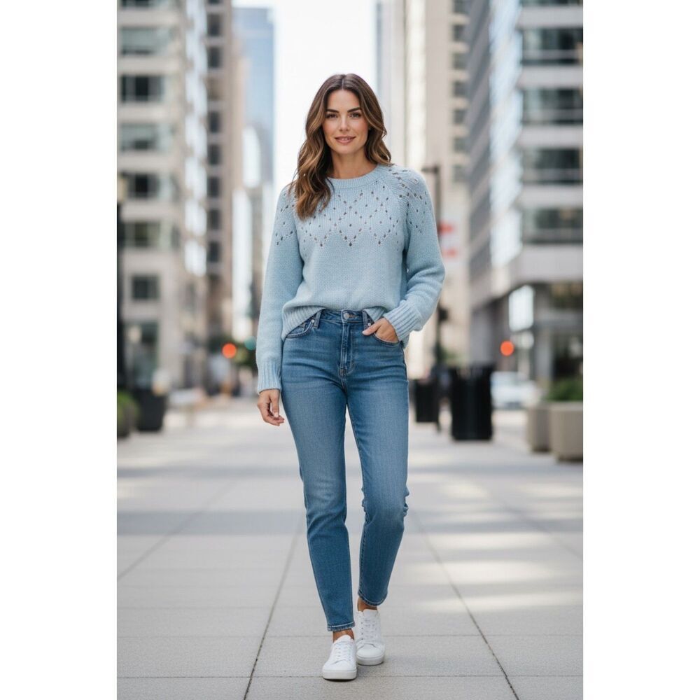 Sanctuary Light Blue Pointelle Knit Long Sleeve Sweater NWT XXS